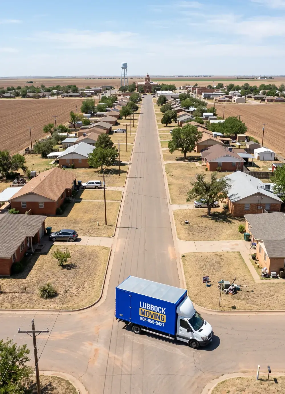 Lubbock Moving Company blue moving truck on a residential street in Crosbyton, Texas