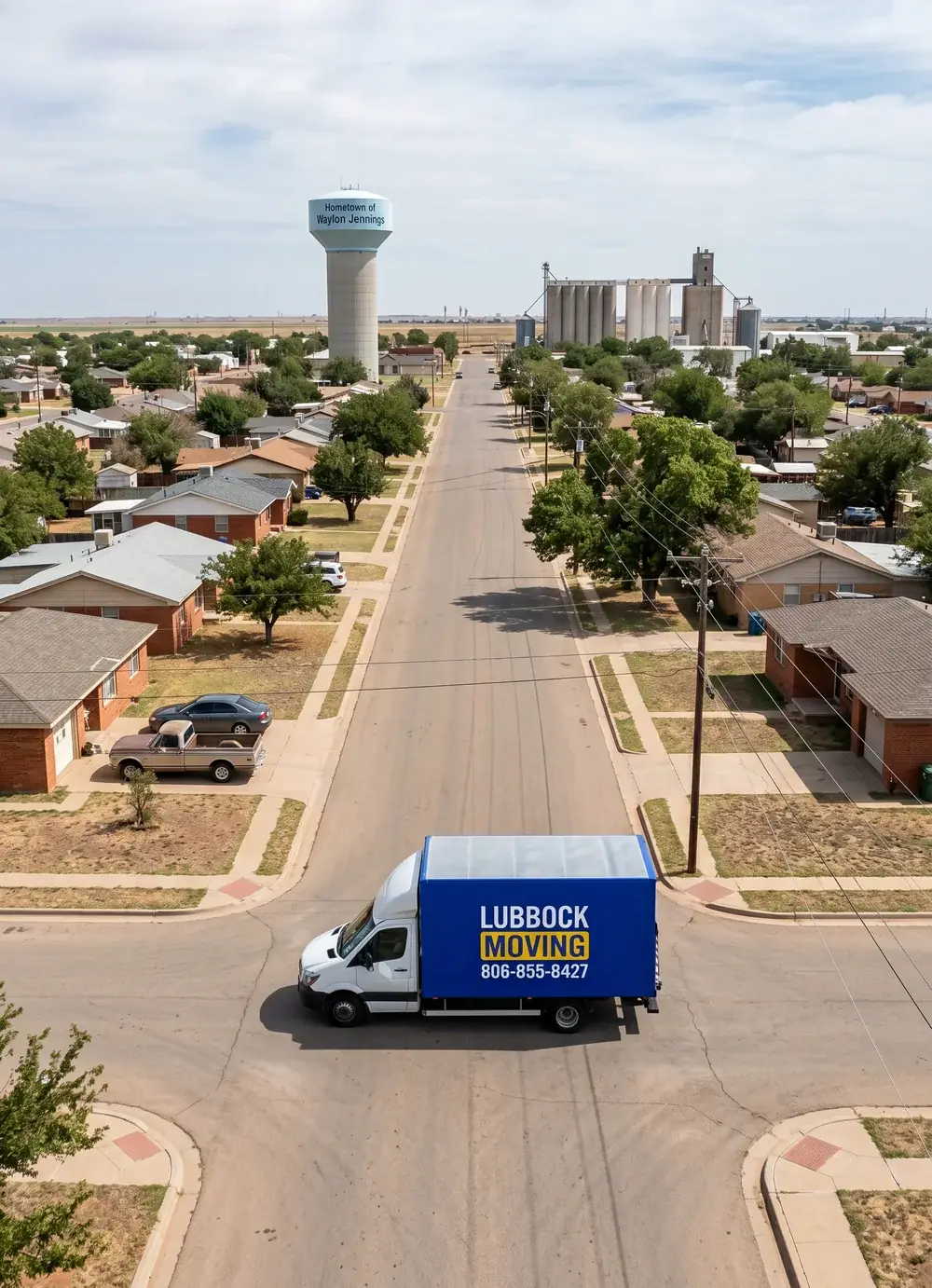 Lubbock Moving Company blue moving truck on a residential street in Littlefield, Texas
