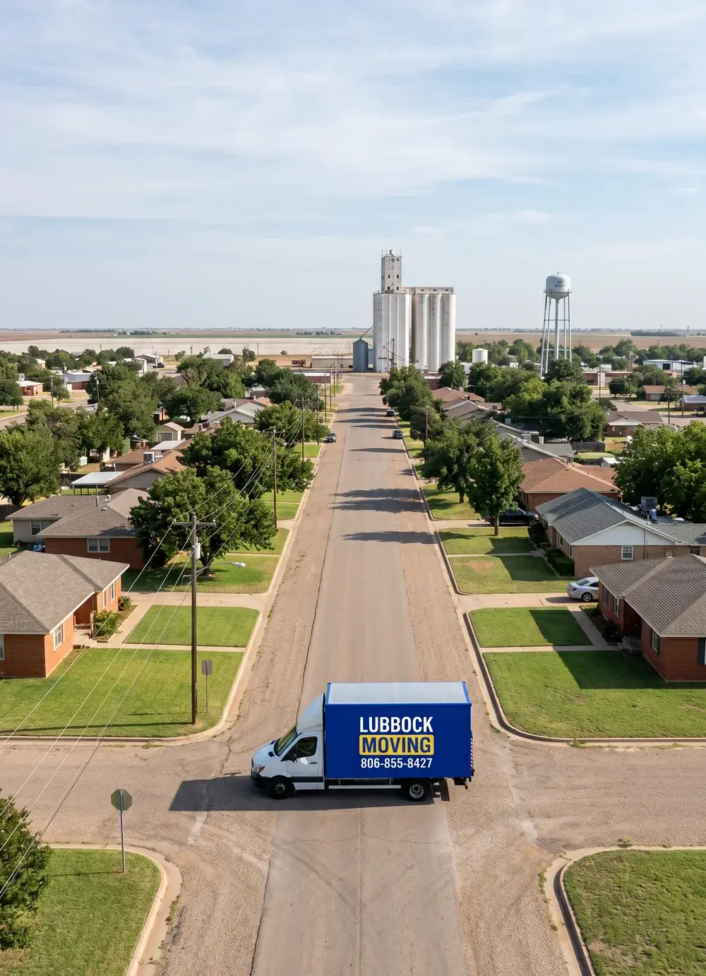 Lubbock Moving Company blue moving truck on a residential street in Petersburg, Texas
